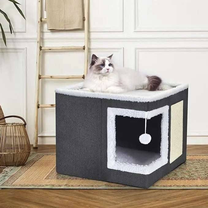 Foldable Cat House with Scratching Board and Ball
