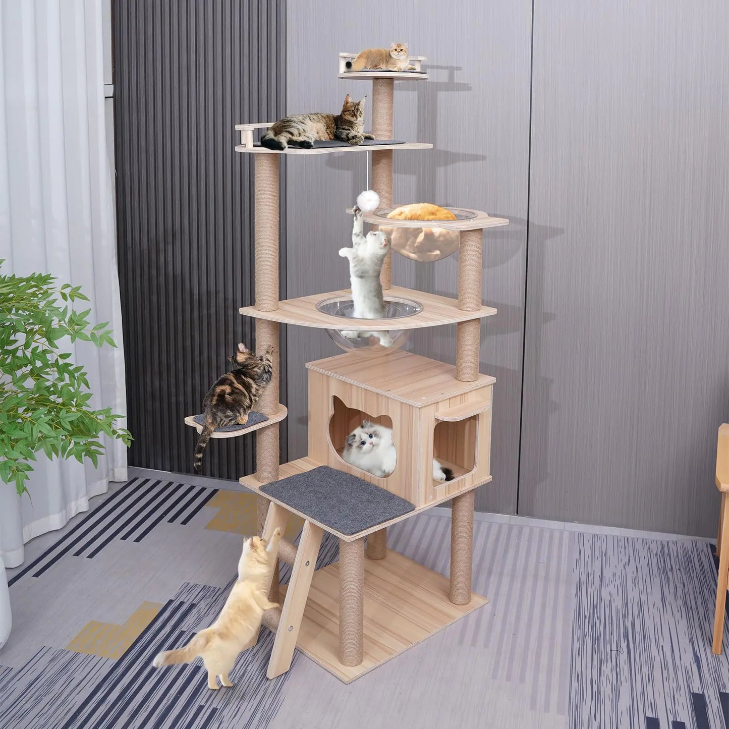 Deluxe Wood Cat Tower with Hammock & Scratching Posts