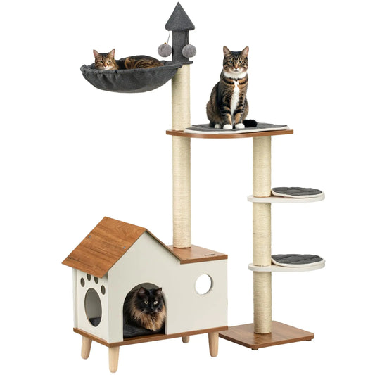 Happy & Polly Multi-Level Modern Cat Tower - 45" Wood with Scratching Posts