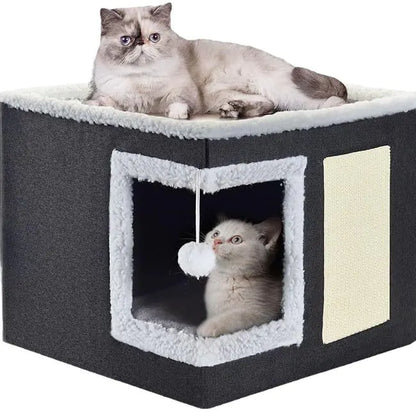Foldable Cat House with Scratching Board and Ball