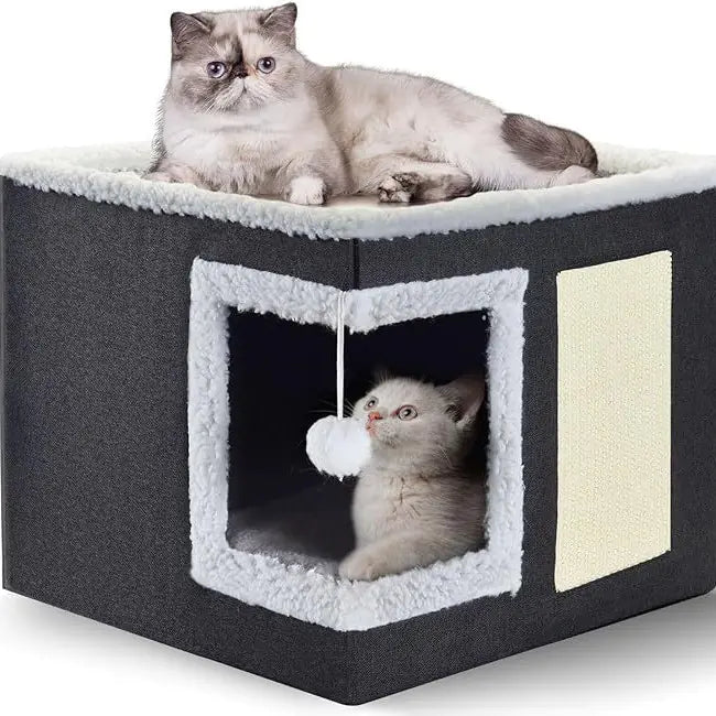 Foldable Cat House with Scratching Board and Ball