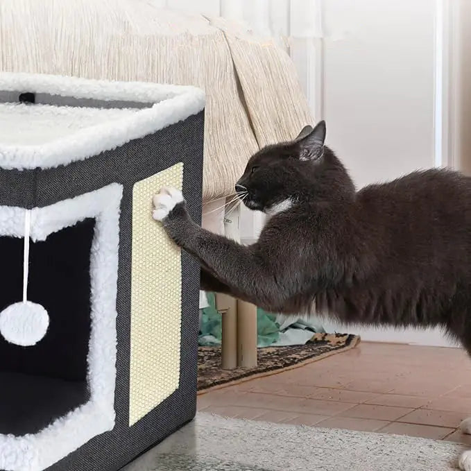 Foldable Cat House with Scratching Board and Ball